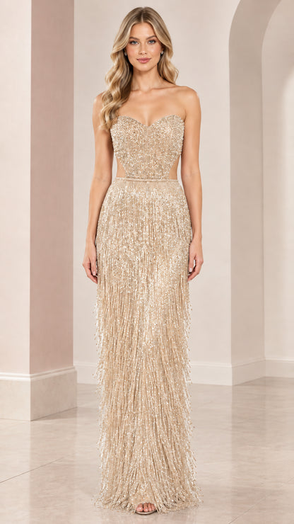 Front view of champagne gold strapless beaded fringe evening dress