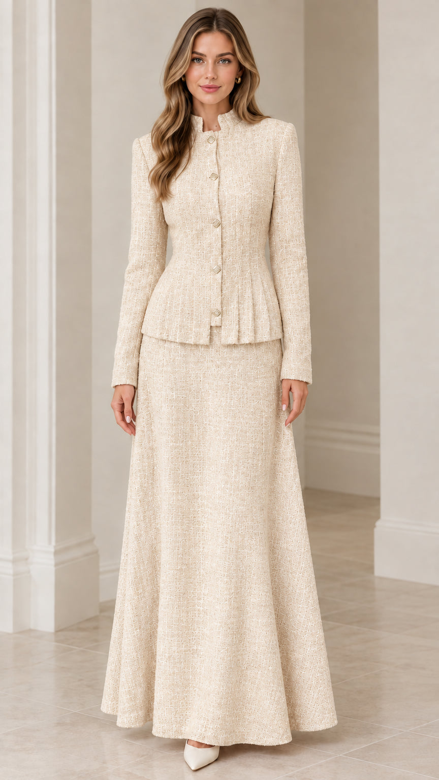 Front view of cream off-white textured tweed peplum jacket and maxi skirt suit set