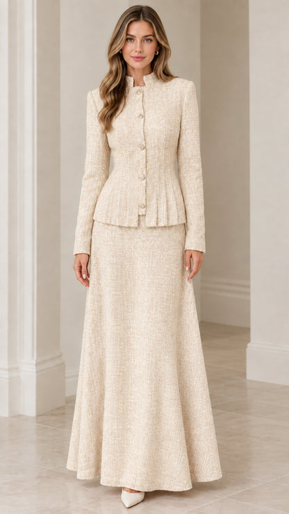 Front view of cream off-white textured tweed peplum jacket and maxi skirt suit set
