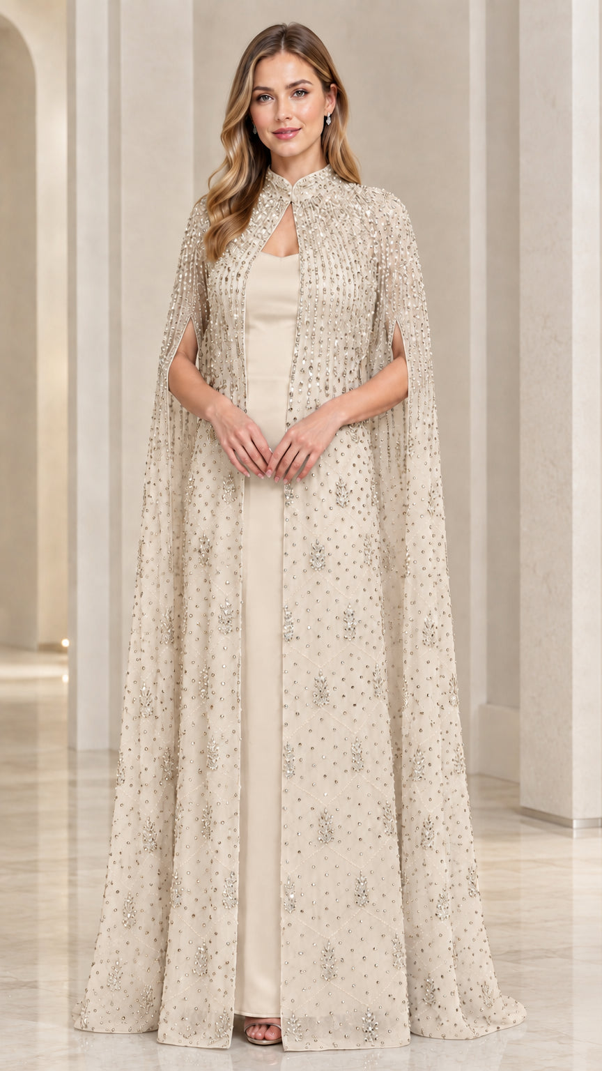 Champagne beige floor-length gown with embellished cape overlay