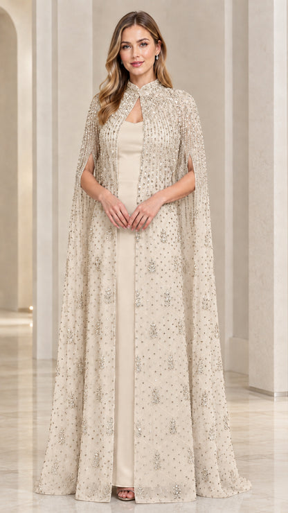 Champagne beige floor-length gown with embellished cape overlay