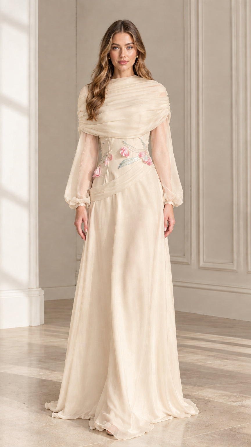 Front view of champagne cream draped high neck long sleeve evening gown