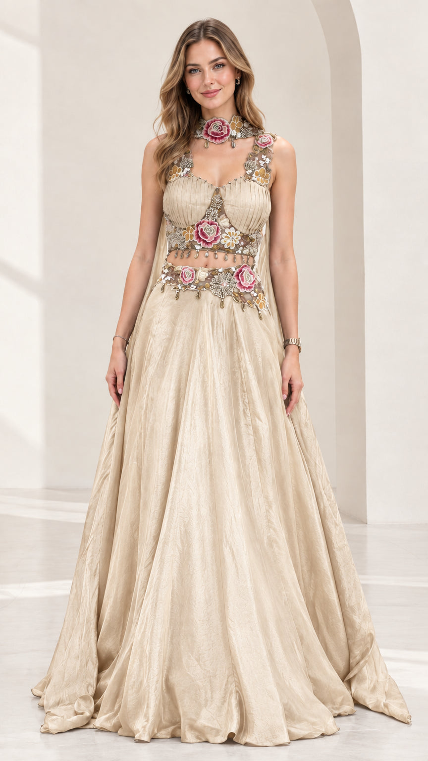 Champagne gold floral embroidered two-piece formal gown with matching collar
