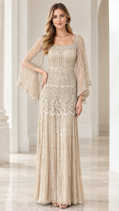 Champagne gold embellished flutter sleeve evening gown