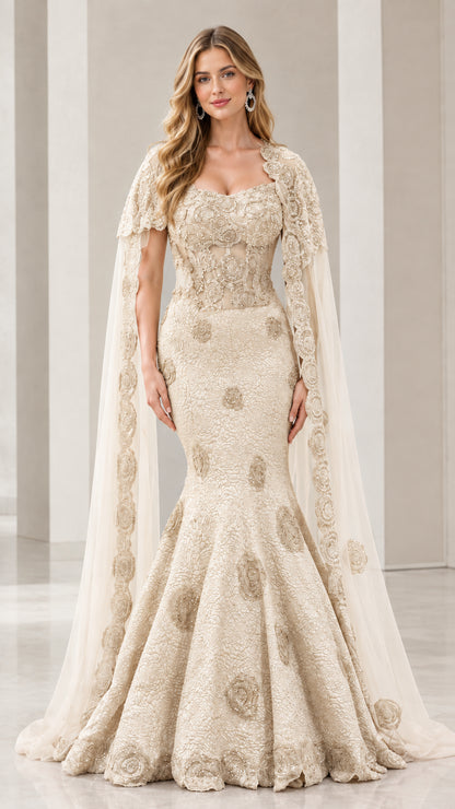 Champagne gold mermaid evening dress with embroidered floral appliqué and cape