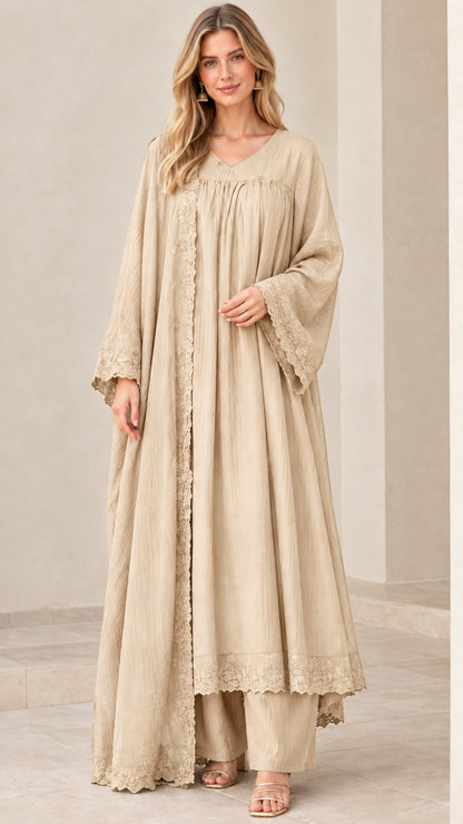 Model wearing elegant beige champagne 3-piece crinkle maxi cardigan set