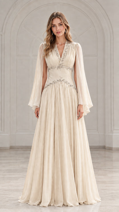 Front view of model wearing a champagne off-white beaded cape sleeve chiffon maxi gown