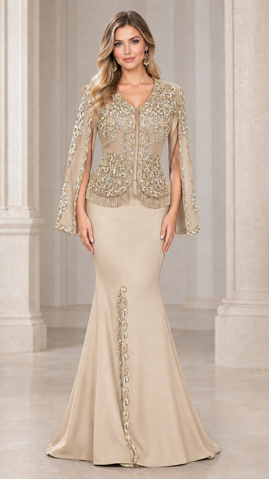 Front view of model wearing Champagne beige beaded cape sleeve formal gown