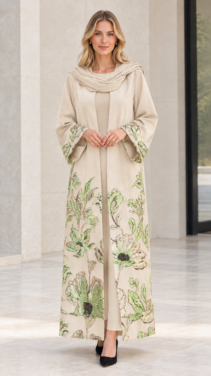 Model wearing Beige champagne embroidered open abaya set with matching scarf
