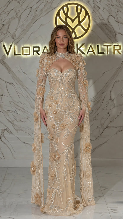 Champagne beige embellished formal gown with tonal 3D floral cape sleeves
