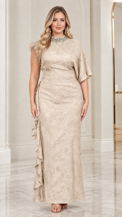Champagne gold jacquard evening dress with beaded collar and asymmetrical sleeve design