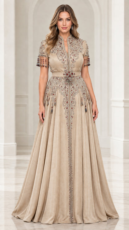 Champagne beige beaded formal maxi gown with short sleeves