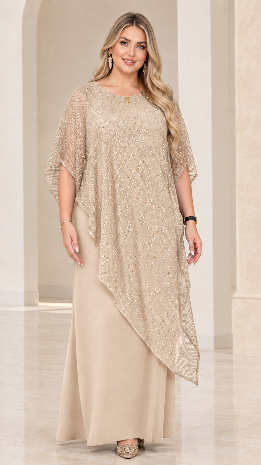 Front view of model wearing Champagne beige sequin overlay evening dress