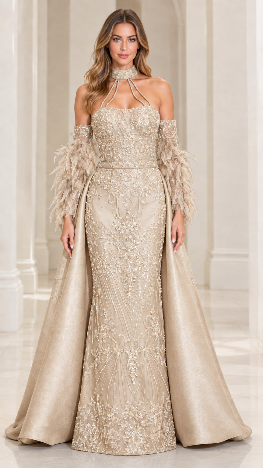 Front view of model wearing Champagne Gold sequin mermaid evening gown with satin overskirt and feather cuffs