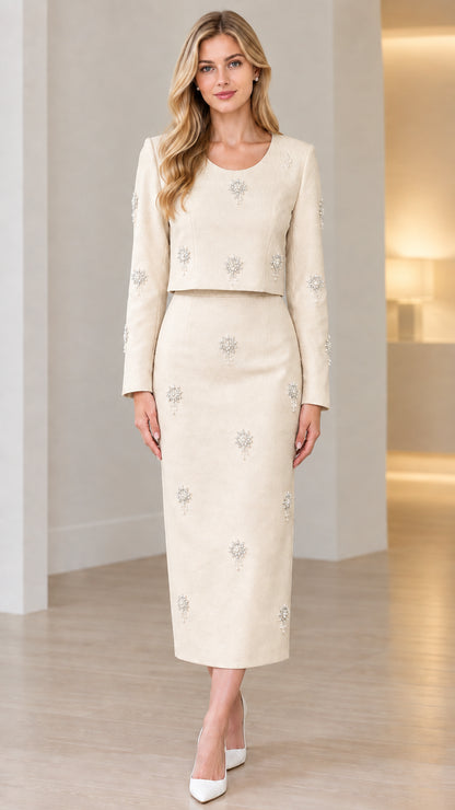 Front full view of champagne cream embellished two-piece formal midi dress set