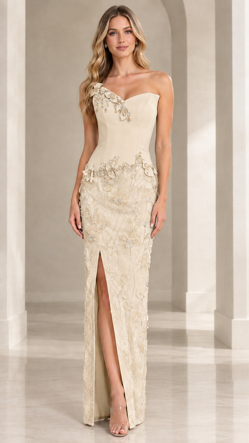 Champagne beige one-shoulder formal maxi dress with floral appliqué