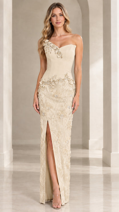 Champagne beige one-shoulder formal maxi dress with floral appliqué
