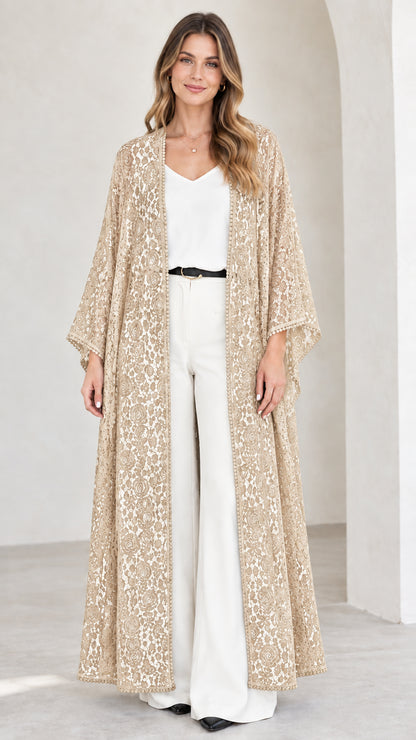 Model wearing champagne beige floral lace maxi kimono cardigan