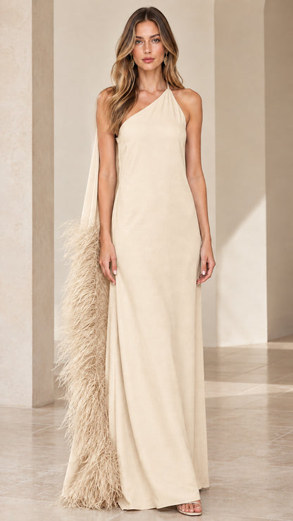 Champagne cream one-shoulder formal gown with feather-trimmed side cape