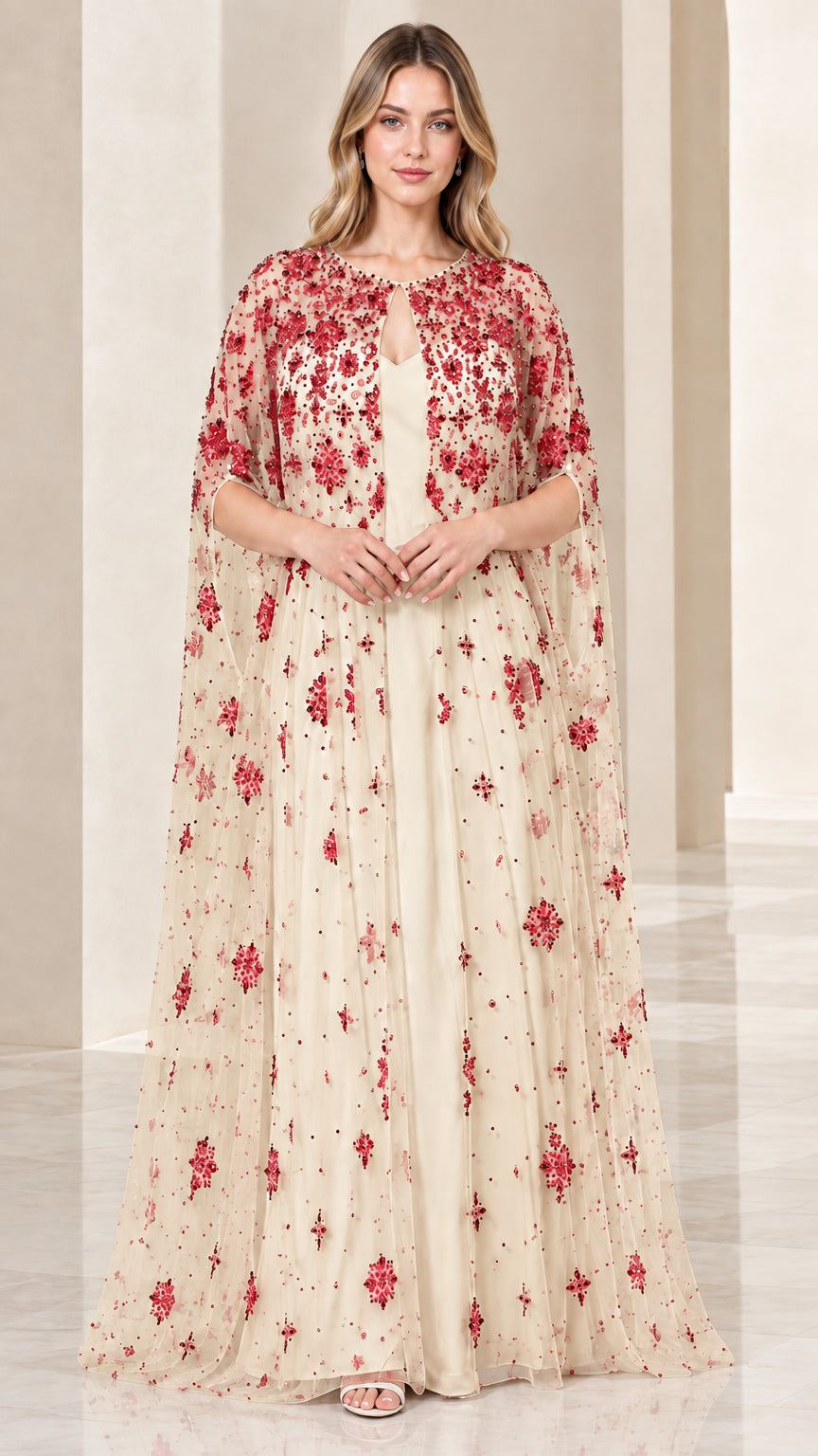 Champagne beige evening gown adorned with red sequin floral cape overlay