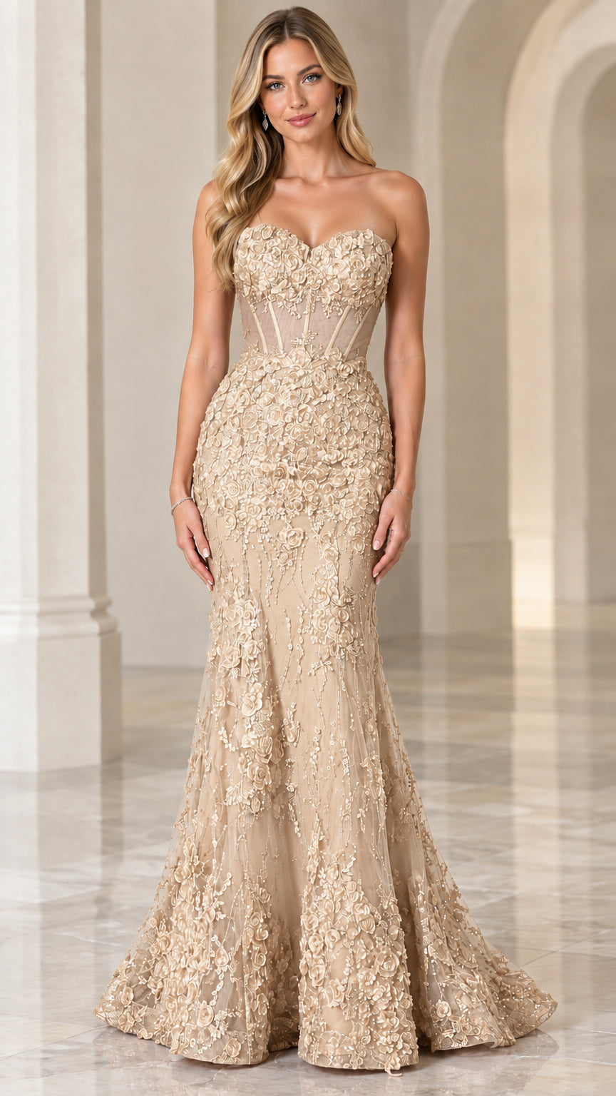 Front full view of champagne gold strapless 3D floral corset evening gown