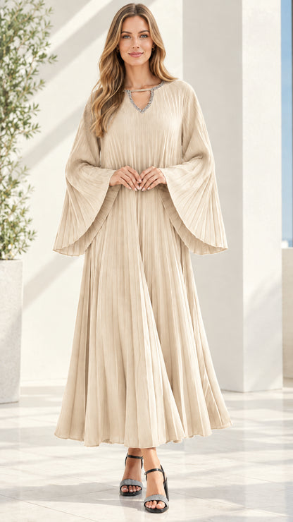 Front view of beige champagne pleated bell sleeve formal maxi dress