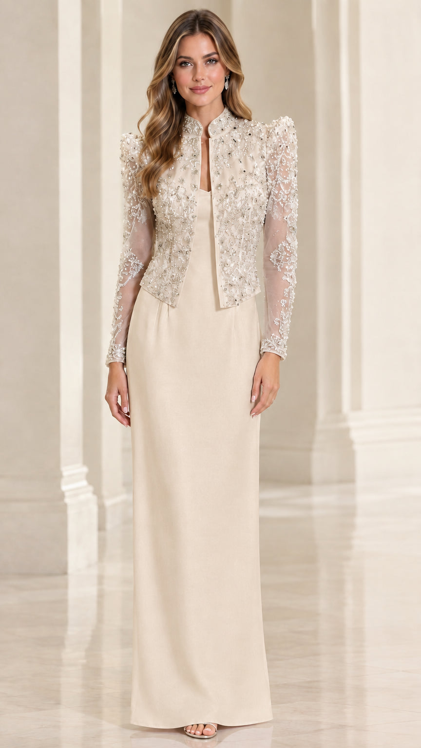 Champagne ivory mother of the bride column gown with embellished jacket