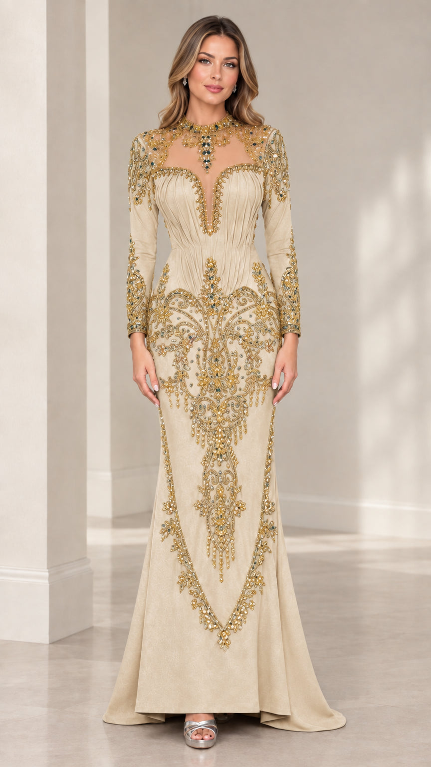 Champagne gold long sleeve formal evening gown with shimmering baroque detailing