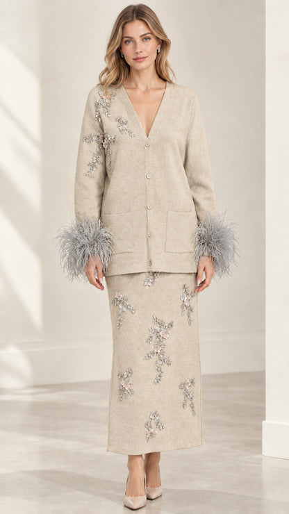 Model wearing Beige sequin-adorned knit cardigan and maxi skirt set with feather cuffs