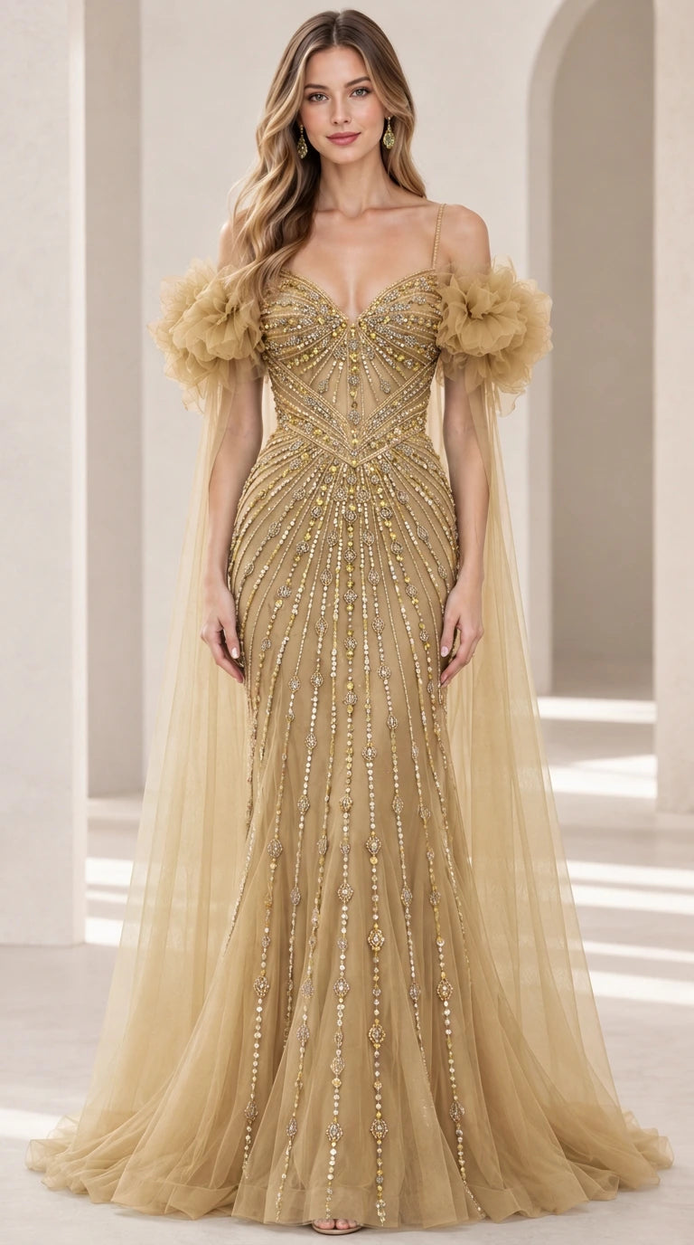 Front view of gold beaded mermaid evening dress with flowing cape sleeves