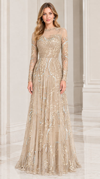 Champagne gold sequin embellished floor-length formal gown front view