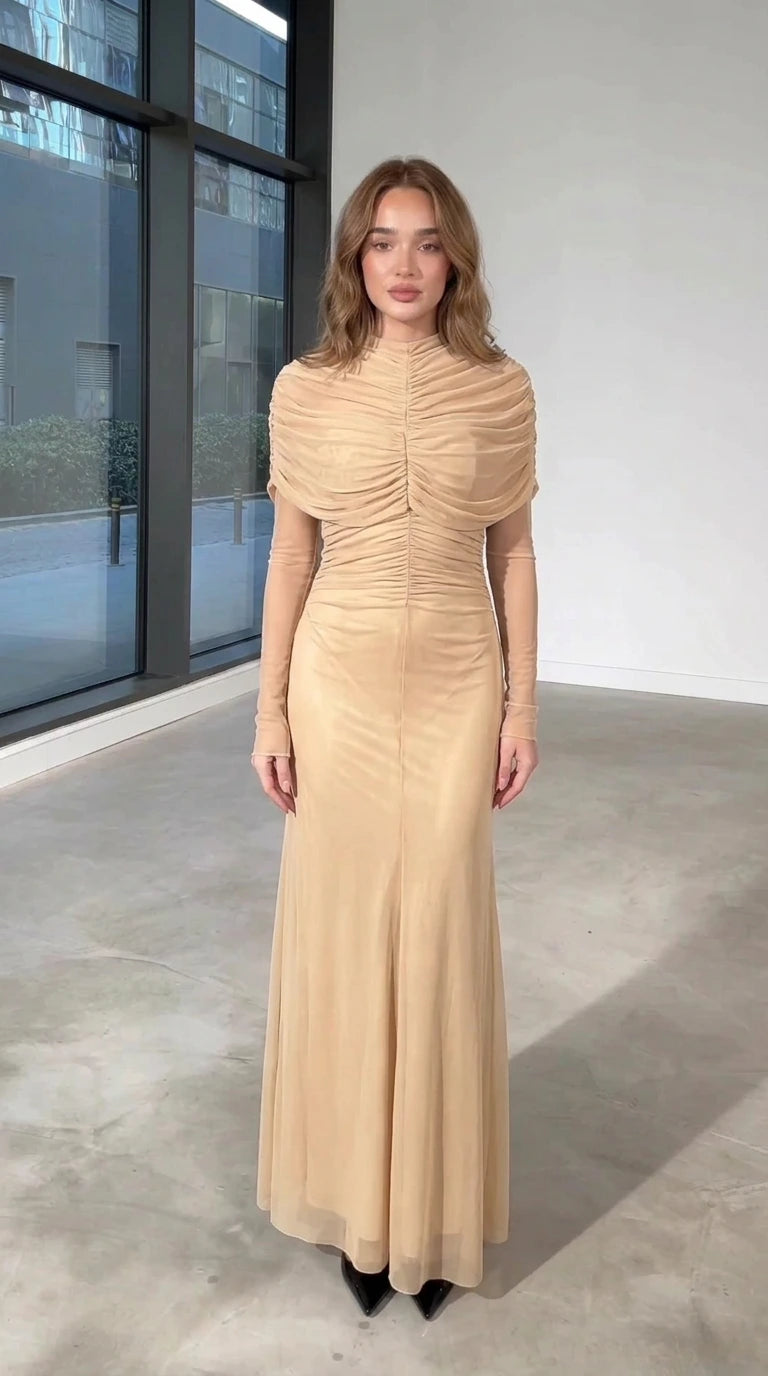 Front view of champagne beige ruched mock neck mesh sleeve maxi dress