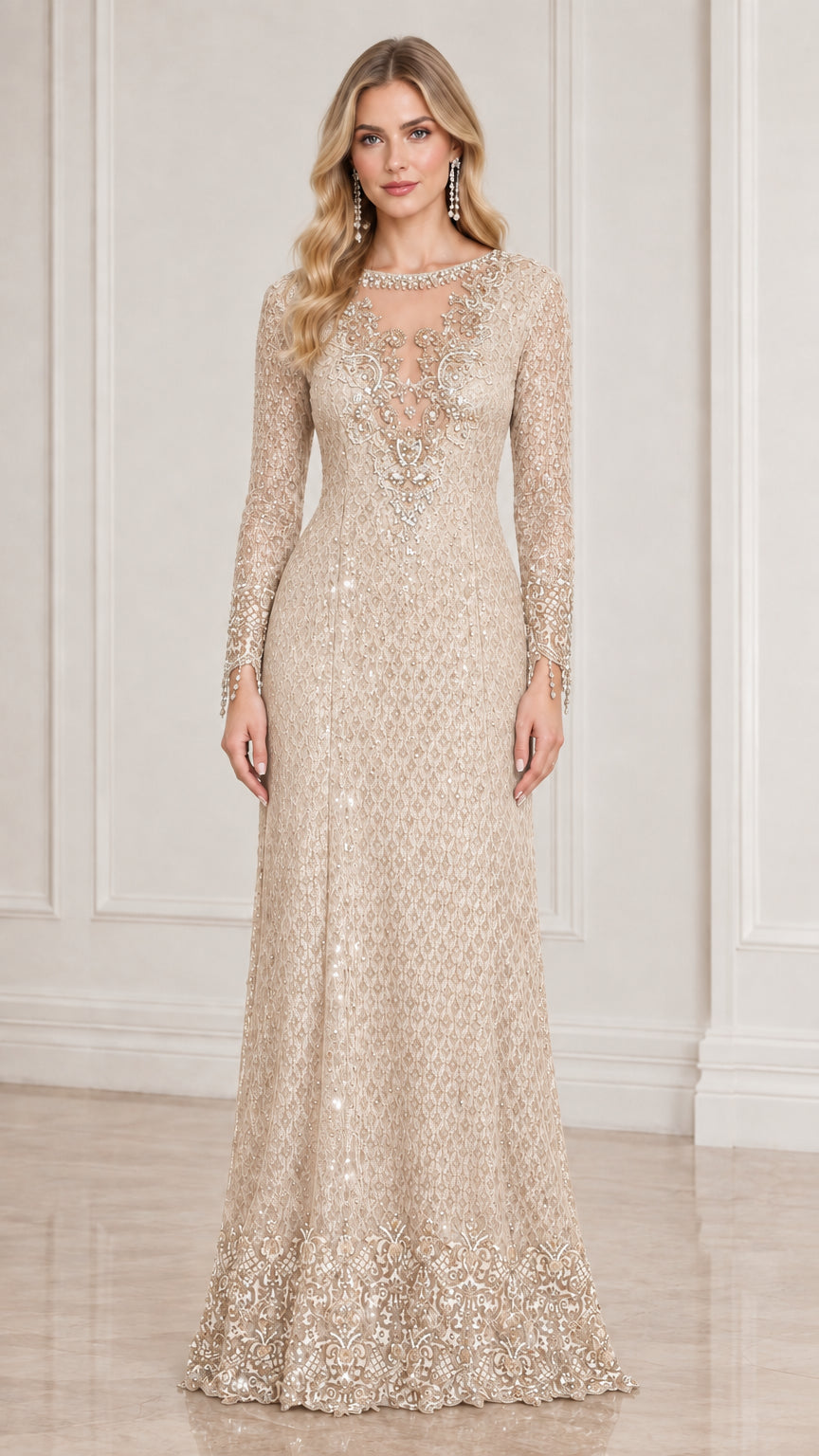 Champagne gold long sleeve sequin lace formal evening gown