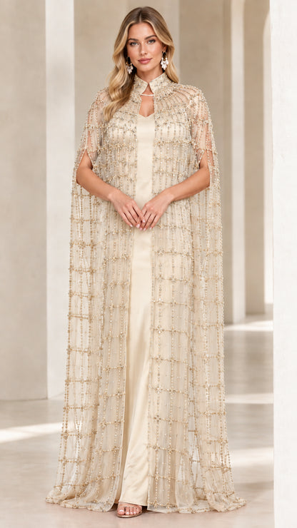Champagne gold embellished cape evening gown for formal events