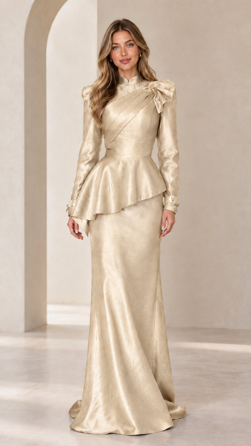 Champagne gold long sleeve peplum evening gown front view