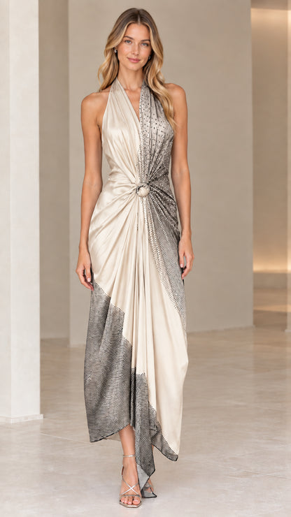 Front view of model wearing Champagne Charcoal halter backless draped maxi dress