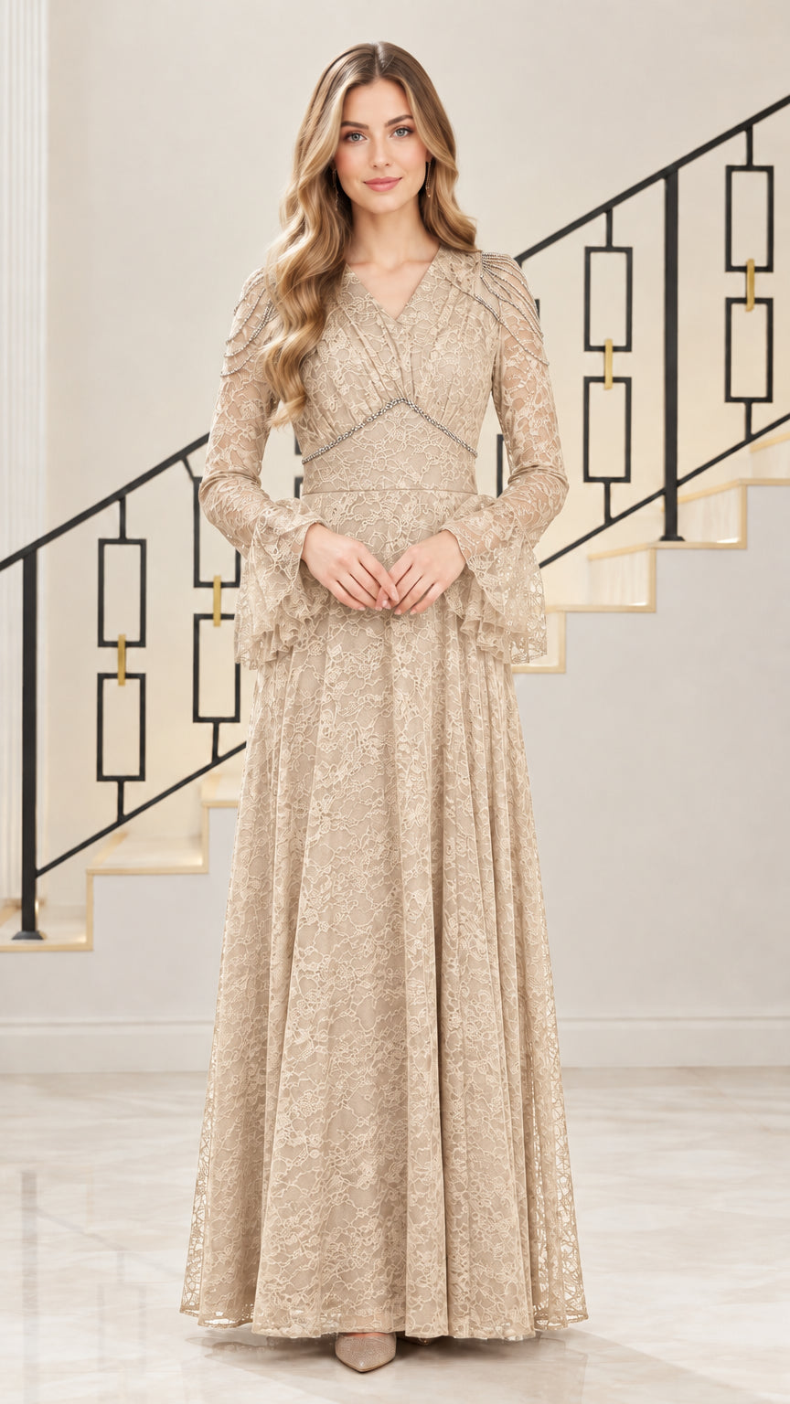 Front view of champagne beige beaded lace evening dress