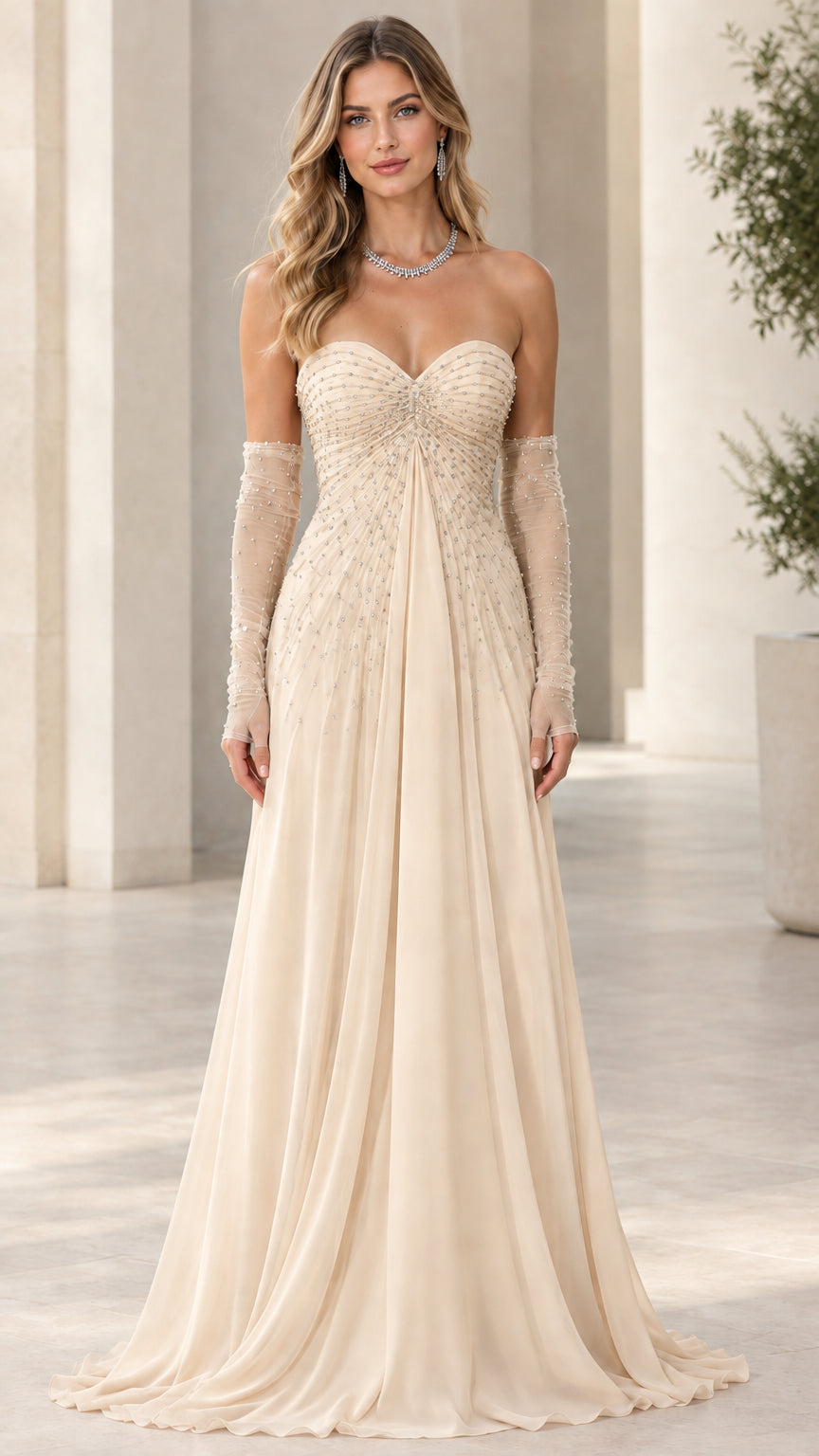 Model wearing Champagne cream strapless sweetheart beaded formal maxi gown