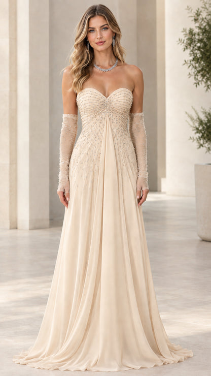 Model wearing Champagne cream strapless sweetheart beaded formal maxi gown