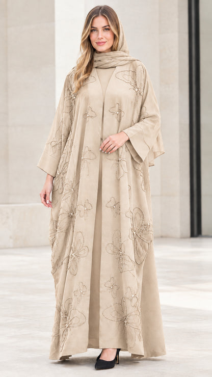 Front view of neutral beige champagne beaded butterfly abaya set