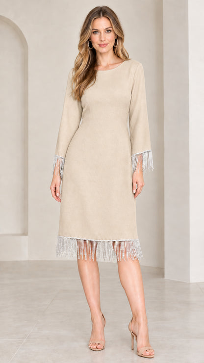Front view of champagne beige knee-length cocktail dress with crystal fringe