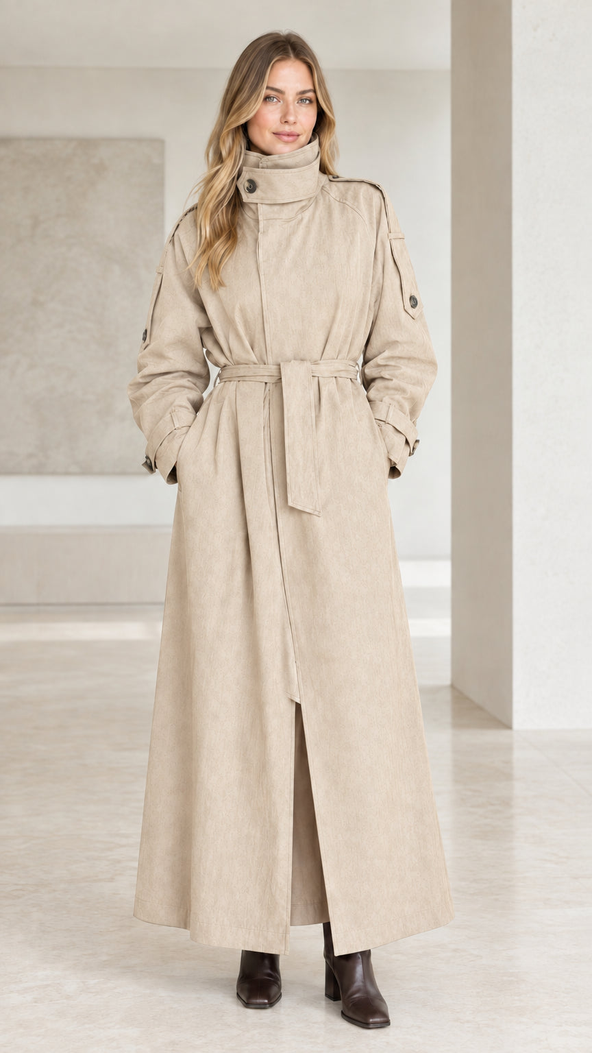 Front view of beige cream maxi belted trench coat