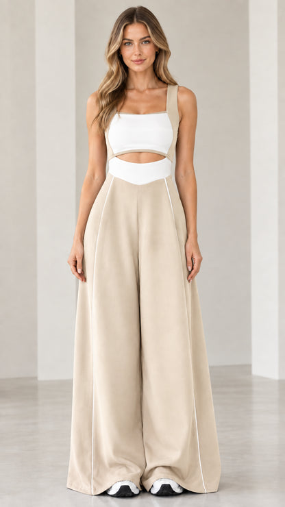 Front view of woman wearing beige sand colorblock cutout wide-leg jumpsuit