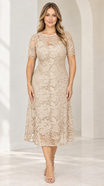 Front view of champagne beige floral lace short sleeve midi dress on model