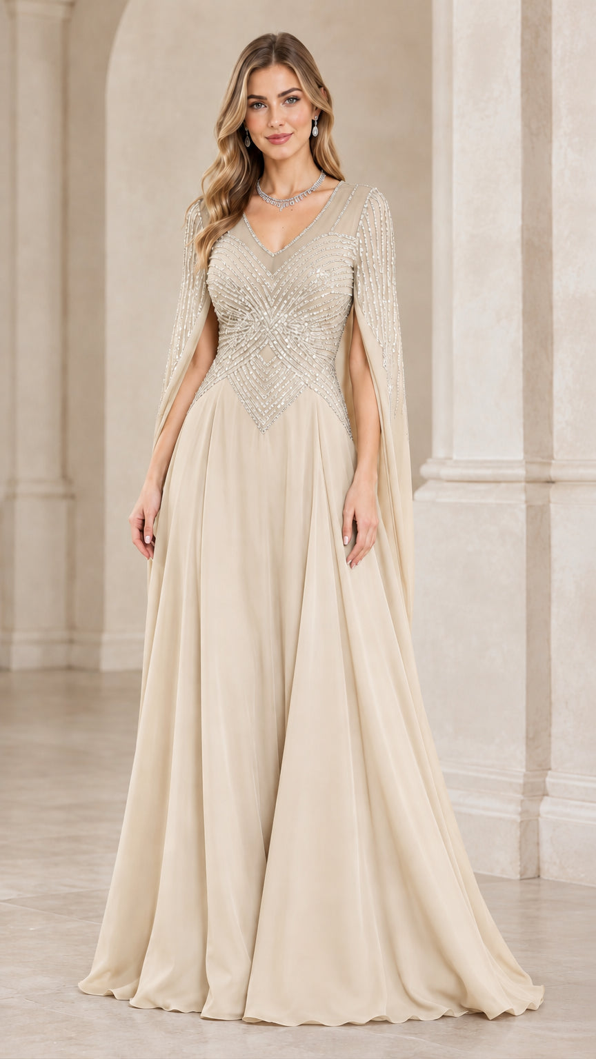 Full-length front view of champagne beige sequined cape sleeve formal gown
