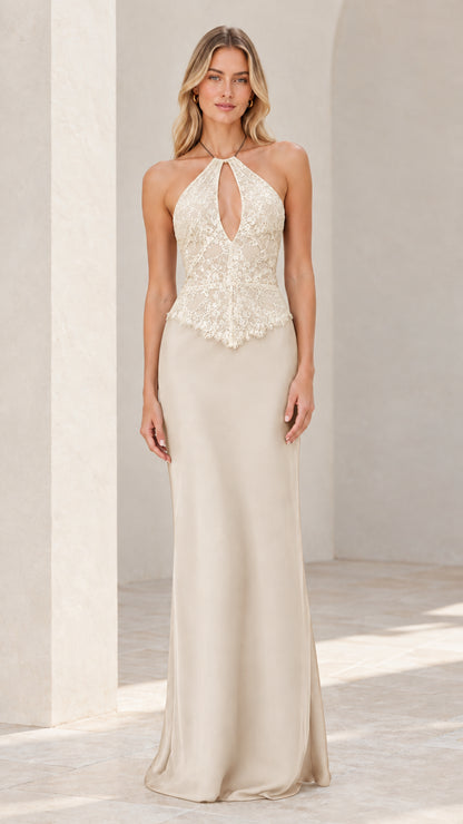 Model wearing Champagne Ivory lace bodice halter maxi dress