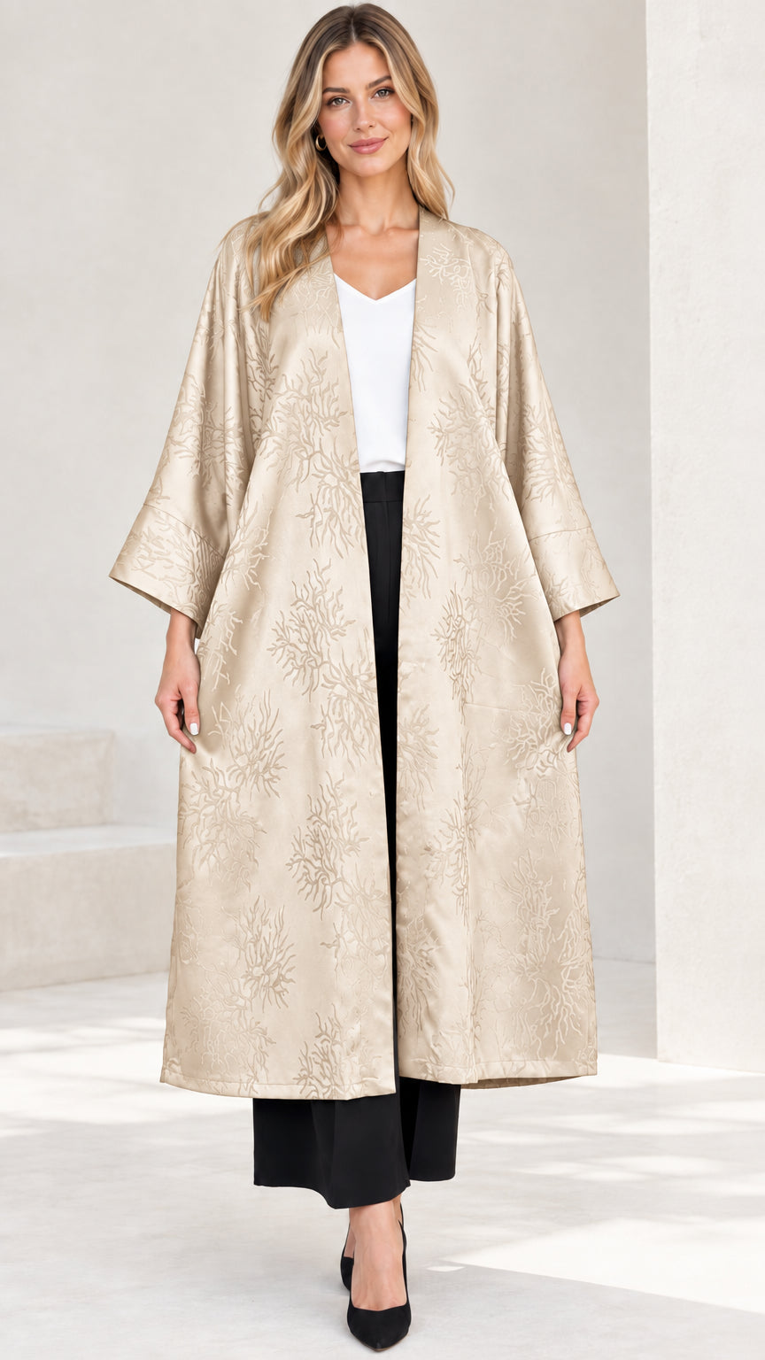 Champagne gold jacquard open front kimono coat on model