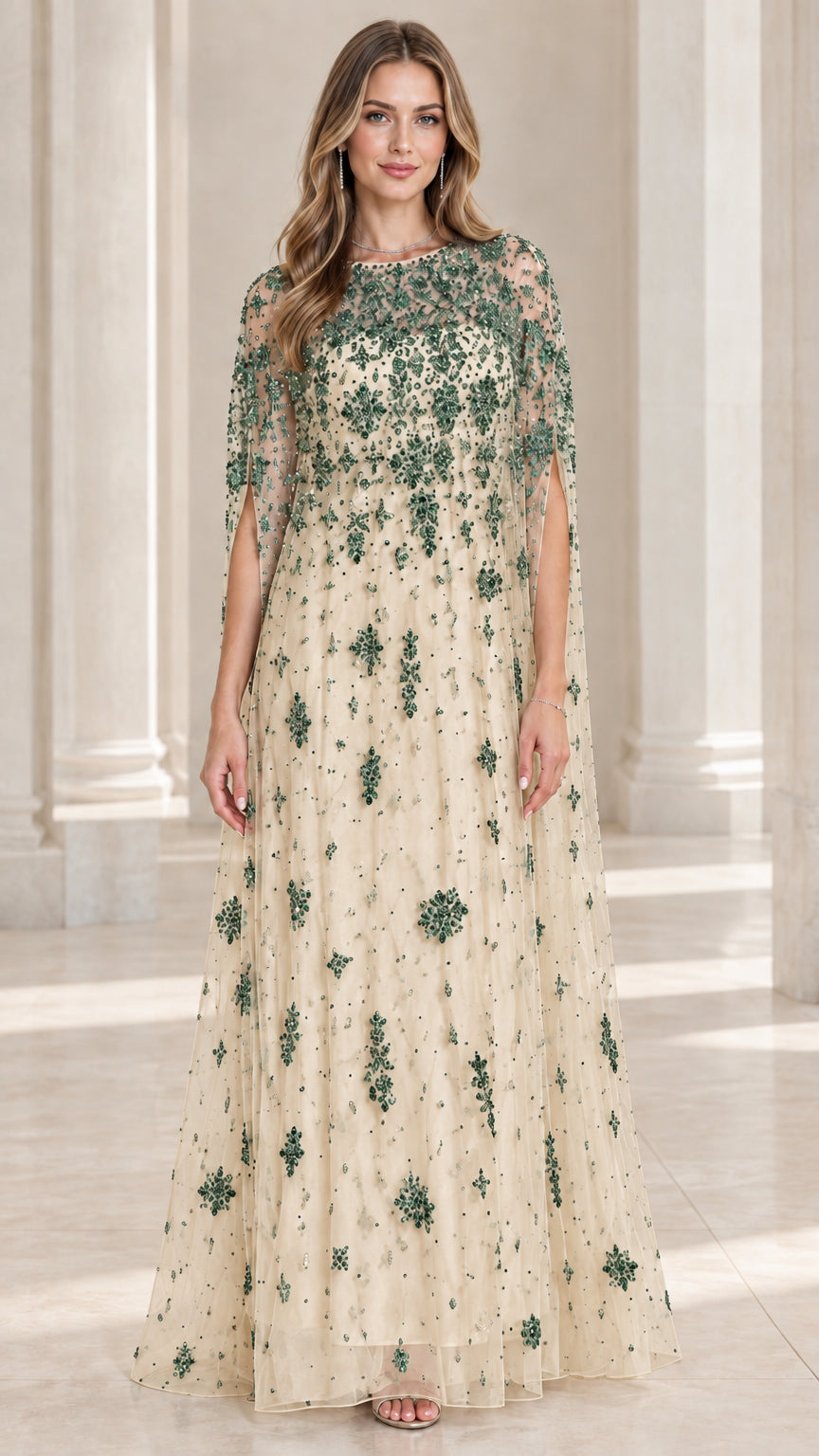 Champagne beige sequin cape evening gown full length view