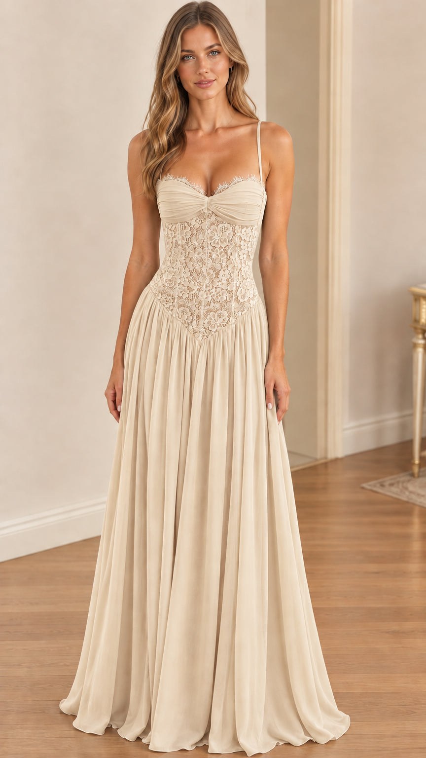 Model wearing elegant champagne lace corset floor-length formal dress