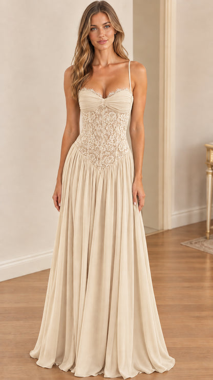 Model wearing elegant champagne lace corset floor-length formal dress